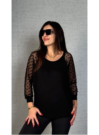 Kadın Yarasa Kol Puantiyeli Tül Detay Bluz