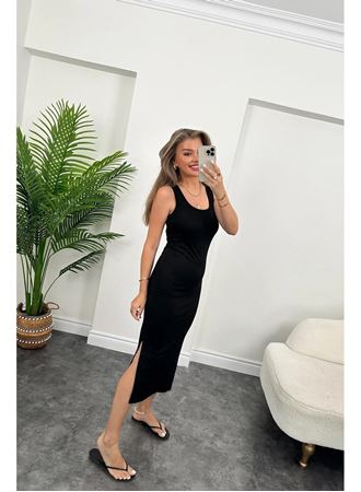 Kadın çift Yırtmaç Detaylı Sıfır Kol Midi Boy Elbise