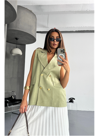 GOLD DÜĞMELİ KETEN YELEK - Yeşil