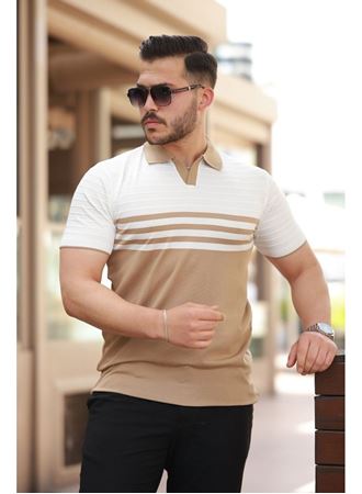 Erkek çizgi Desenli Yakalı Kısa Kollu T-shirt