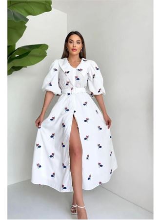 Kırmızı Yakası Çiçek Motifli Kemerli Elbise