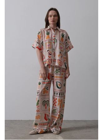 Baskılı Kısa Kol Pantolon Takım - Taş-Oranj