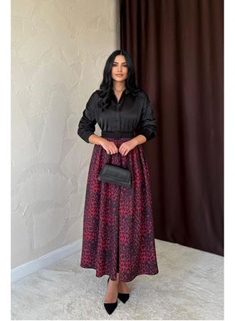 Bordo Leopar Büzgülü Uzun Etek