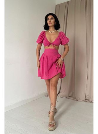 Fuşya Brode Crop Ve Mini Etek Takım
