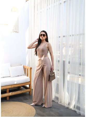 Keten Önü Çapraz Parçali Lasti̇kli̇ Ve Bağcikli Geni̇ş Paça Pantolon