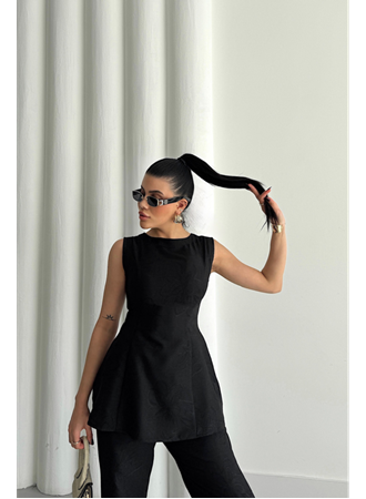 JAKAR KETEN KOLSUZ BLUZ-PANTOLON TK - Siyah