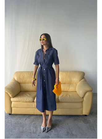 TENCEL ÖNDEN DÜĞMELİ KISA KOL ELBİSE - Mavi