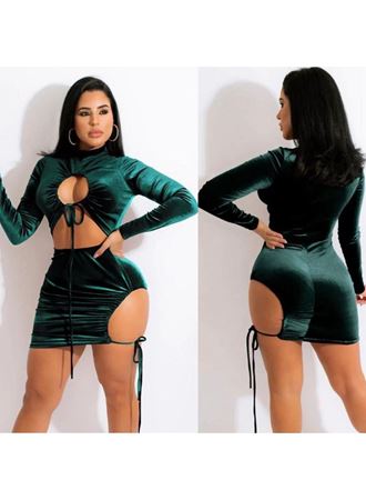 Kadın Uzun Kollu Full Dekolte Detay Kadife Kumaş Elbise