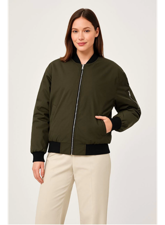 Içi Astarlı Fermuarlı Bomber Mont Ceket - Haki