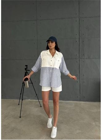 GABARDİN ŞORT - GABARDİN - ÇİZGİLİ KETEN GARNİLİ CEKET TAKIM - Lacivert