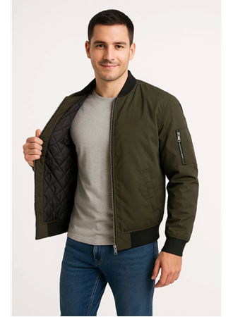 Erkek Içi Astarlı Fermuarlı Bomber Mont Ceket - Haki