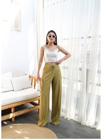 Keten Önü Çapraz Parçali Lasti̇kli̇ Ve Bağcikli Geni̇ş Paça Pantolon