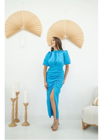 Mavi Jakarlı Ve Desenli Elbise