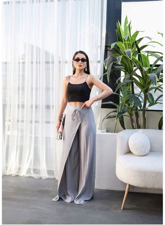 Keten Önü Çapraz Parçali Lasti̇kli̇ Ve Bağcikli Geni̇ş Paça Pantolon