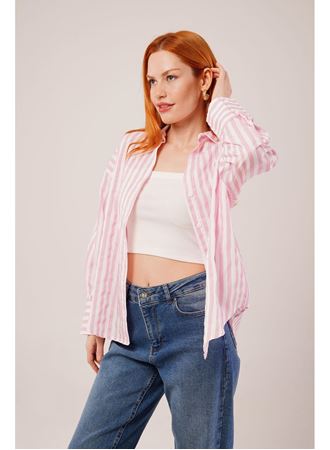 Çizgili Rahat Kesim Pembe Gömlek