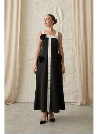 Siyah Güllü Askılı Elbise