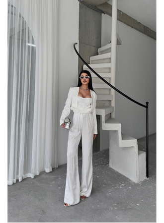 JAKARLI BLUZU TASARIM DETAYLI CEKET-PANTOLON-BLUZ 3 LÜ TAKIM - Beyaz