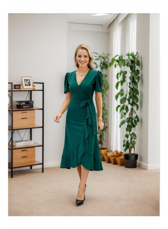 Kadın Kruvaze Yaka Midi Boy Kuşaklı Krep Elbise 120 Cm