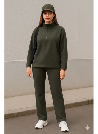 Kadın Balıkçı Yaka Fermuar Detay Polar Sweat Ve Pantolon Ikili Takım