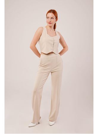 Kalın Askılı Düğmeli Yelek Ve Pantolon Bej Takım
