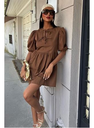 Önü Fiyonk Bağlamalı Ve Balon Kollu Elbise 2893