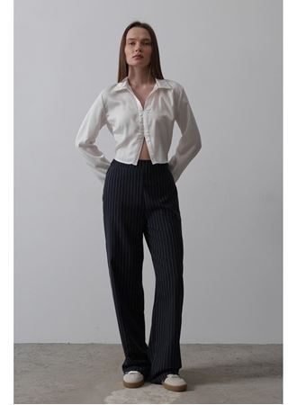 Beli Yarım Lastikli Palazzo Pantolon - Lacivert-Beyaz