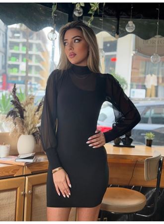 Kadın Balıkçı Yaka Transparan Detay Fırsat ürün Sandy Kumaş Mini Elbise