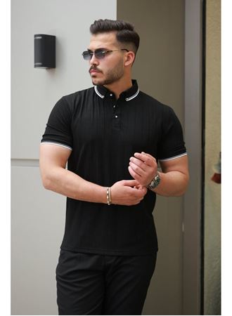 Erkek Düğme Yakalı Jakar Kumaş Kısa Kollu Tişört