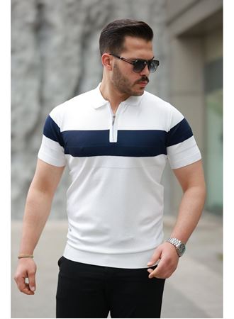 Erkek Fermuar Yakalı şerit Renk Desenli Kısa Kollu Tişört