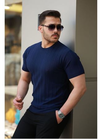 Erkek Kısa Kollu Bisiklet Yaka çizgili Triko Tişört