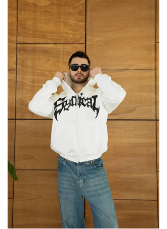 Erkek Kapüşonlu Sweatshirt Hoodie 3 İplik Şardonlu Pamuklu Kumaş, Önü Baskılı, Fermuarlı Rahat Kalıp, Kışlık Ve Sokak Stili Sweat - Beyaz