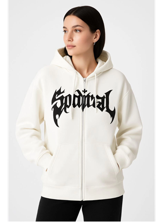 Oversize Kapüşonlu Sweatshirt Hoodie 3 İplik Şardonlu Pamuklu Kumaş, Önü Baskılı, Fermuarlı Rahat Kalıp, Kışlık Ve Sokak Stili Sweat - Beyaz