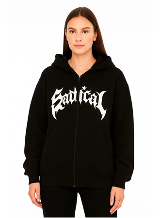 Oversize Kapüşonlu Sweatshirt  Hoodie 3 İplik Şardonlu Pamuklu Kumaş, Önü Baskılı, Fermuarlı Rahat Kalıp, Kışlık Ve Sokak Stili Sweat - Siyah