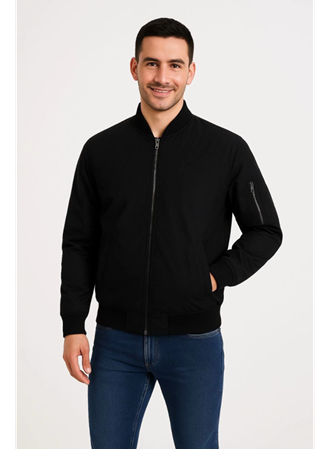 Erkek Içi Astarlı Fermuarlı Bomber Mont Ceket - Siyah