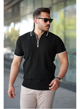 Erkek Dikey Kabartmalı Örgü Dokulu Fermuar Yakalı Tişört