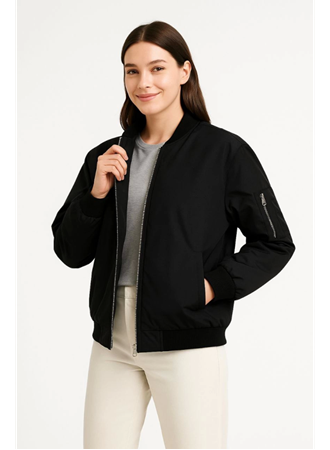 Içi Astarlı Fermuarlı Bomber Mont Ceket - Siyah