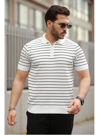 Erkek Fermuar Yakalı çizgili Kısa Kollu T-shirt
