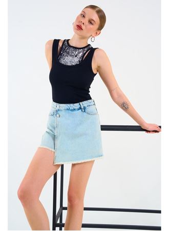 İçi Baskılı Halter Yaka Kaşkorse Atlet - Siyah