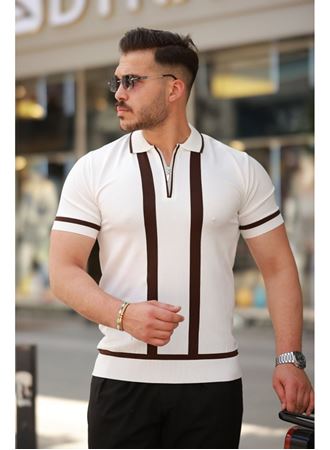 Erkek Fermuar Yakalı şerit Detaylı Kısa Kollu Tişört