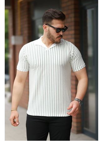 Erkek Yakalı çizgi Desenli Kısa Kollu Tişört