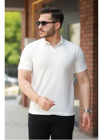 Erkek Yakalı çizgi Desenli Kısa Kollu Tişört