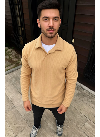 Erkek Fitilli Polar Sweatshirt – Düğmesiz Polo Yaka, Oversize Rahat Kalıp, Kalın Polar Kumaş, Kışlık Ve Baharlık Şık Günlük Üst - Bej