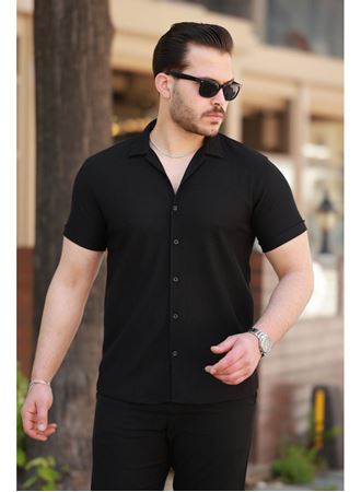 Erkek Ottoman Kumaş Apaj Yaka Kısa Kollu Gömlek