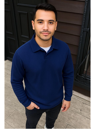 Erkek Fitilli Polar Sweatshirt – Düğmesiz Polo Yaka, Oversize Rahat Kalıp, Kalın Polar Kumaş, Kışlık Ve Baharlık Şık Günlük Üst - Lacivert