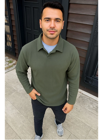 Erkek Fitilli Polar Sweatshirt – Düğmesiz Polo Yaka, Oversize Rahat Kalıp, Kalın Polar Kumaş, Kışlık Ve Baharlık Şık Günlük Üst - Haki