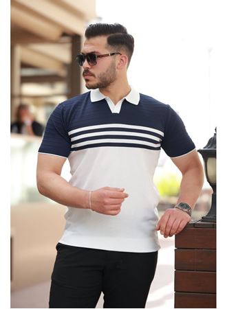 Erkek çizgi Desenli Yakalı Kısa Kollu T-shirt