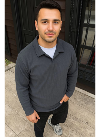 Erkek Fitilli Polar Sweatshirt – Düğmesiz Polo Yaka, Oversize Rahat Kalıp, Kalın Polar Kumaş, Kışlık Ve Baharlık Şık Günlük Üst - Füme