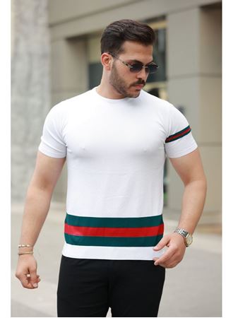 Erkek Bisiklet Yaka Bel Ve Kol şerit Desenli Kısa Kollu Tişört