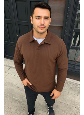Erkek Fitilli Polar Sweatshirt – Düğmesiz Polo Yaka, Oversize Rahat Kalıp, Kalın Polar Kumaş, Kışlık Ve Baharlık Şık Günlük Üst - Kahverengi