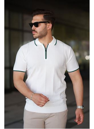 Erkek Dikey Kabartmalı Örgü Dokulu Fermuar Yakalı Tişört